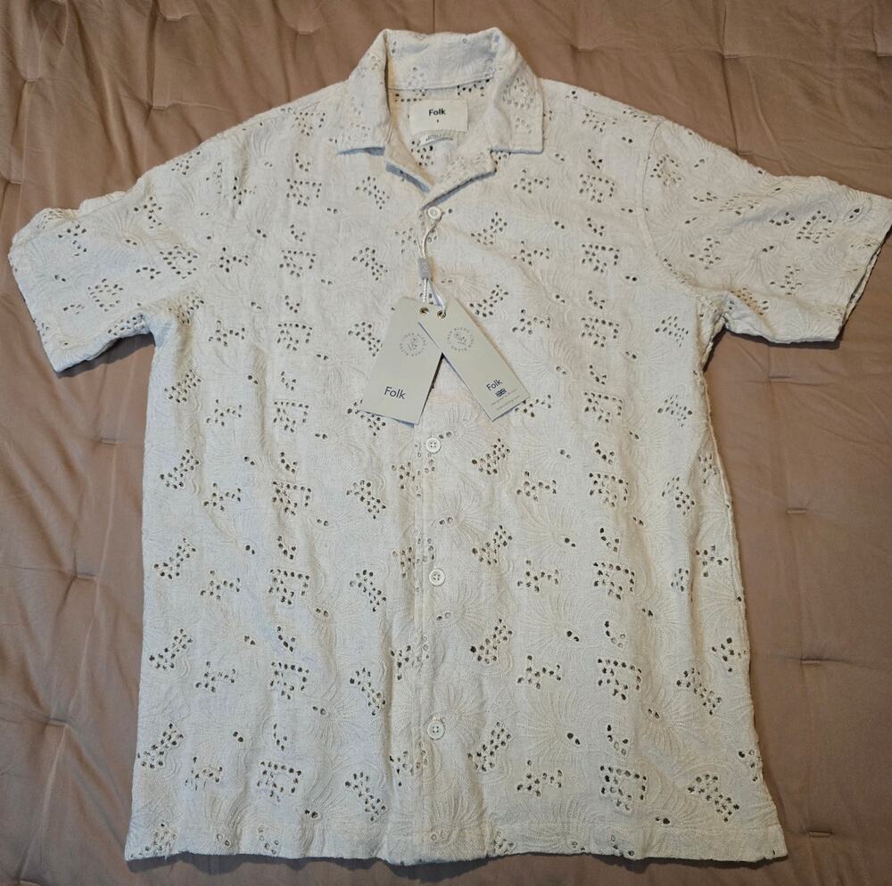 Folk Broad Embroidered Linen Shirt Small Stone Revere Collar NWT